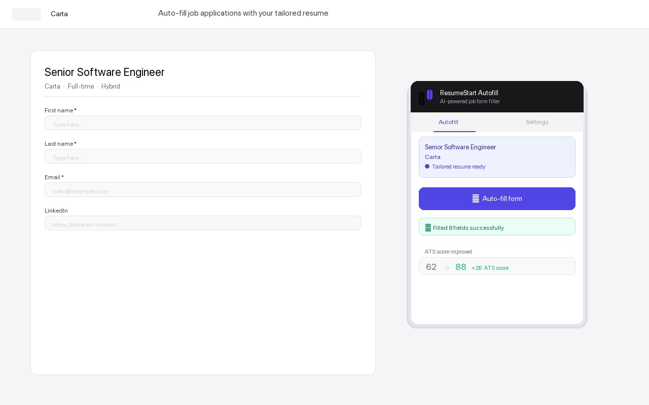 Extension popup showing a matched tailored resume for a job